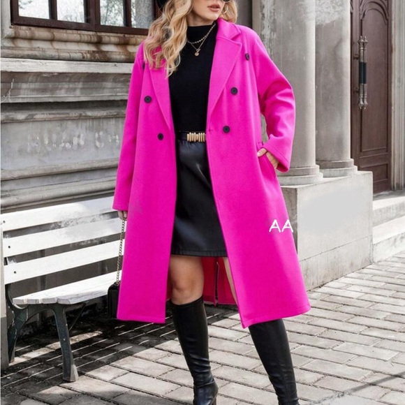 Classic Double Breast Button Jacket Coat Hot Pink - Picture 1 of 2